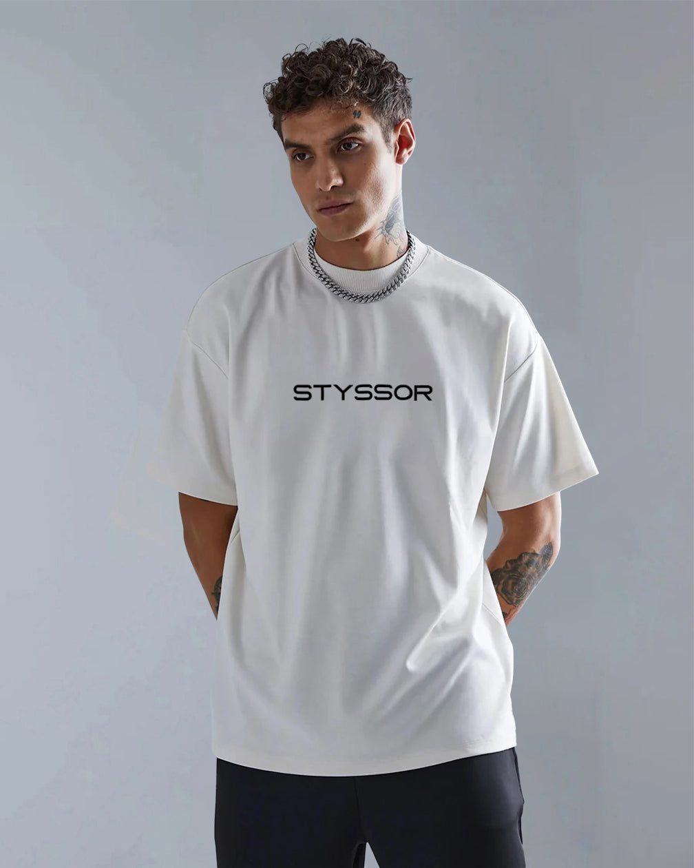 Styssor Men White Premium Embroidery Oversized T-Shirt