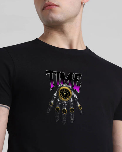 Black t-shirt with a mechanical hand holding a clock design and 'TIME' text on a plain background