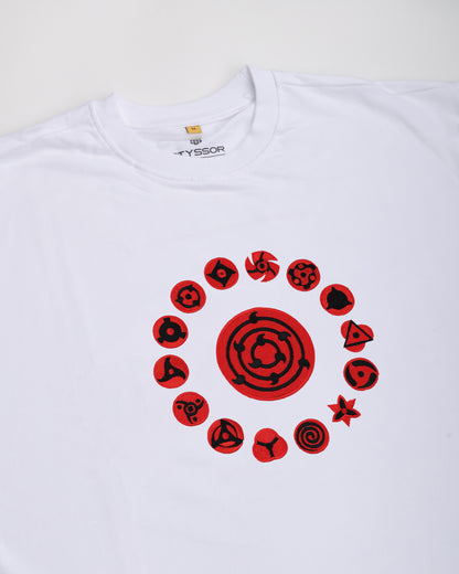 White t-shirt with red circular designs on a white background