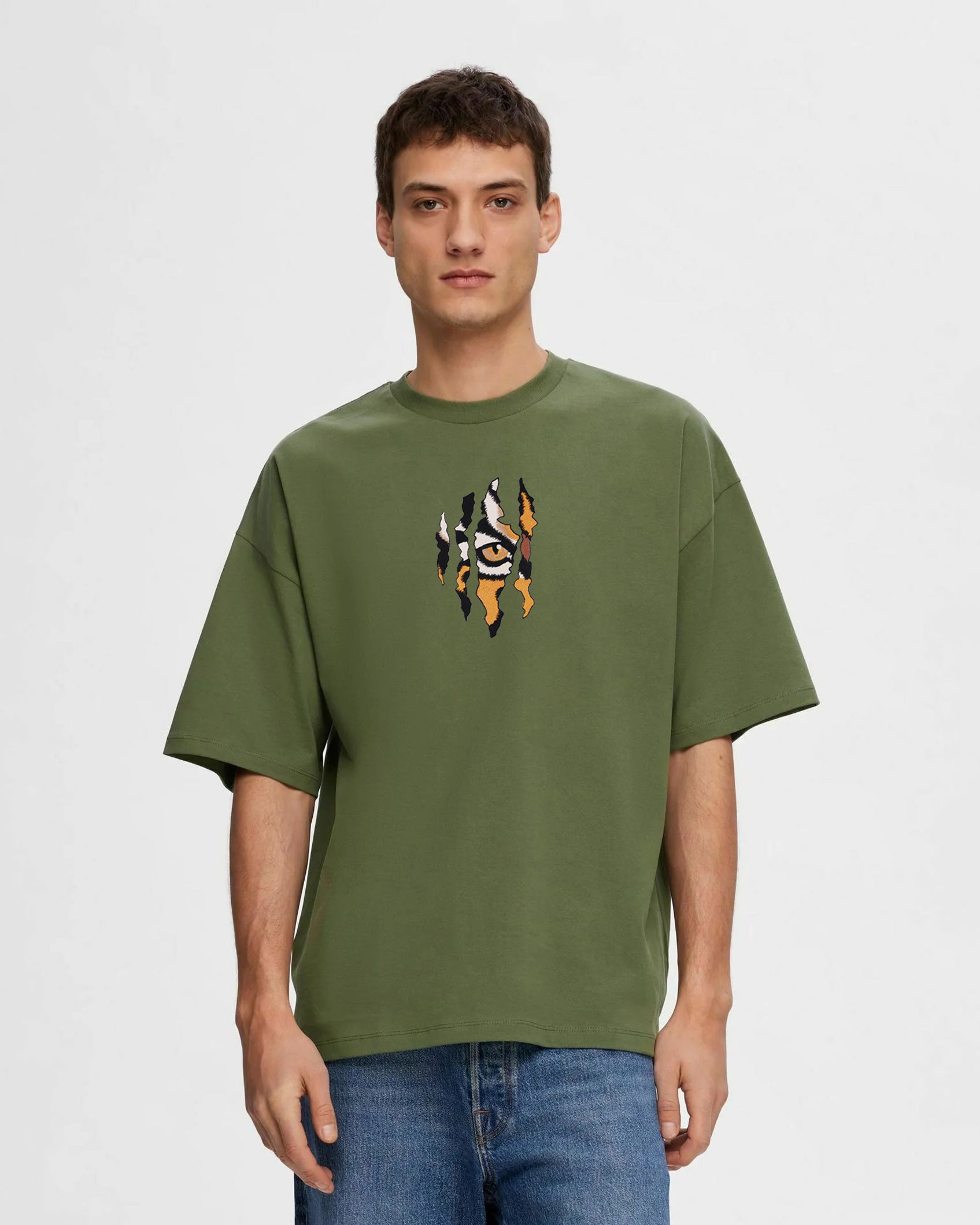Tiger Eye Embroidery Green Oversized T-Shirt