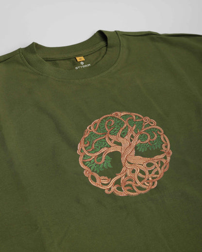 Tree of Life Embroidery Green Oversized T-Shirt