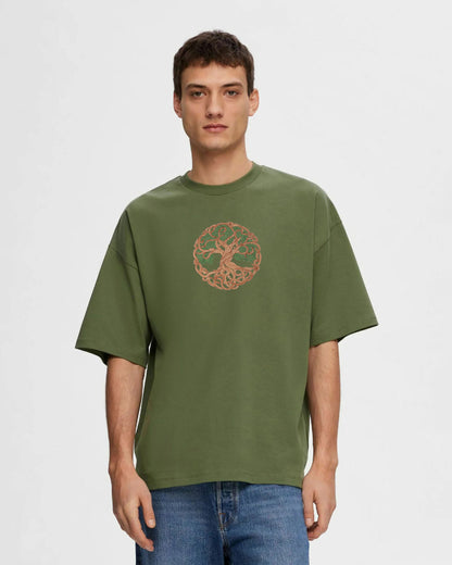 Tree of Life Embroidery Green Oversized T-Shirt