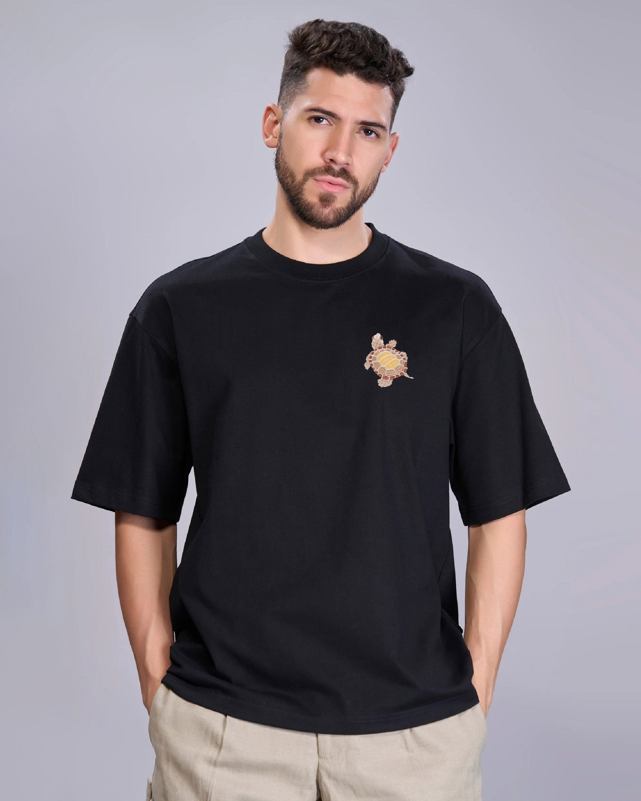 Turtle Wildlife Embroidery Oversized Black T-Shirt