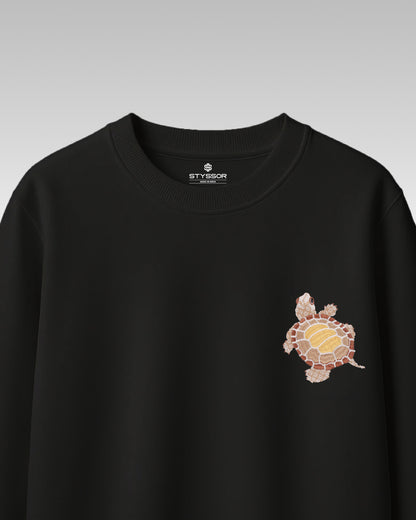 Turtle Wildlife Embroidery Oversized Black T-Shirt
