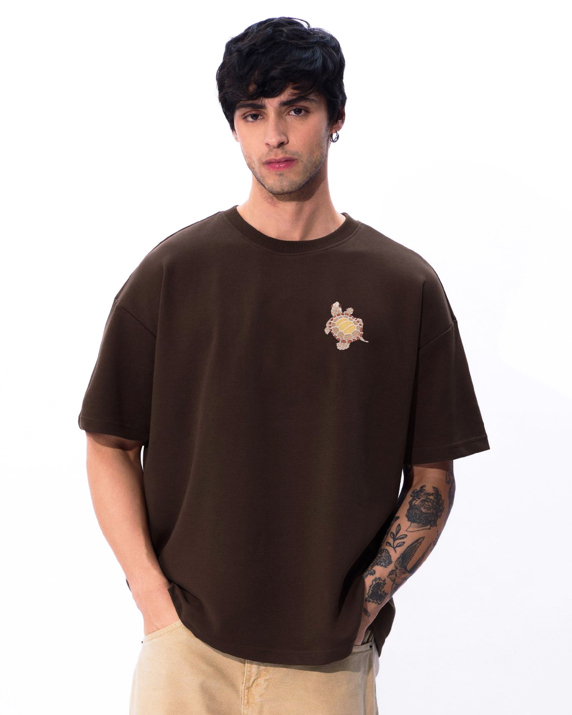 Turtle Wildlife Embroidery Oversized Brown T-Shirt
