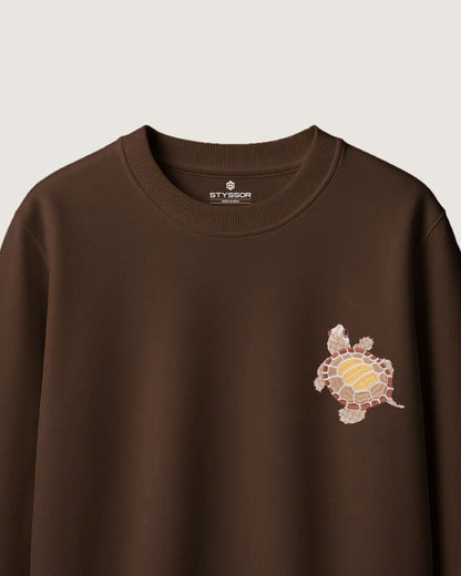 Turtle Wildlife Embroidery Oversized Brown T-Shirt