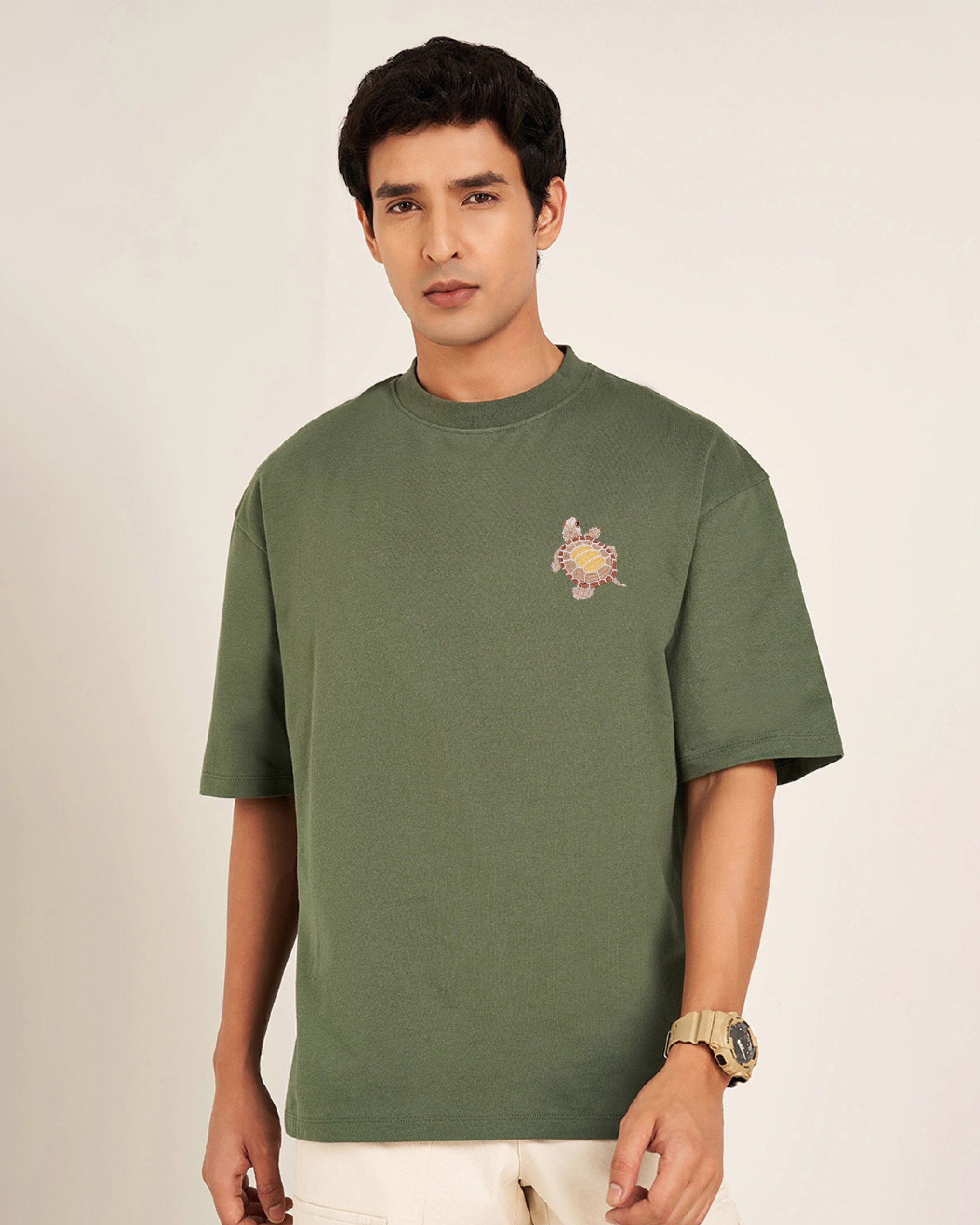 Turtle Wildlife Embroidery Oversized Green T-Shirt