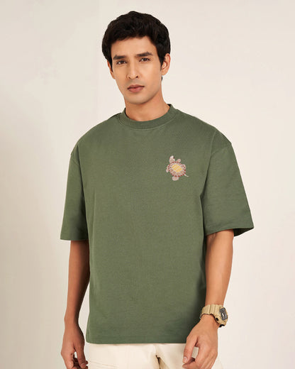 Turtle Wildlife Embroidery Oversized Green T-Shirt