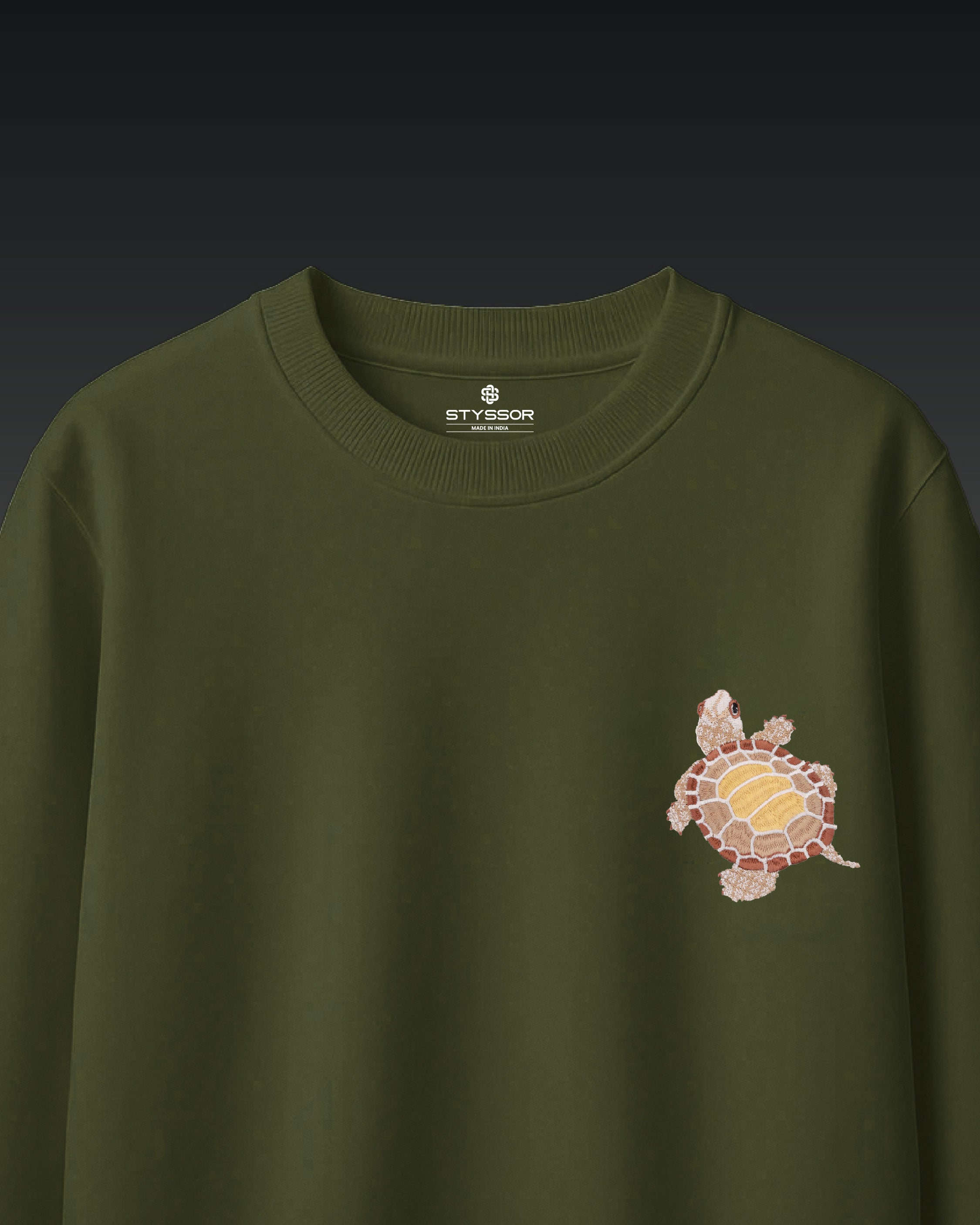 Turtle Wildlife Embroidery Oversized Green T-Shirt