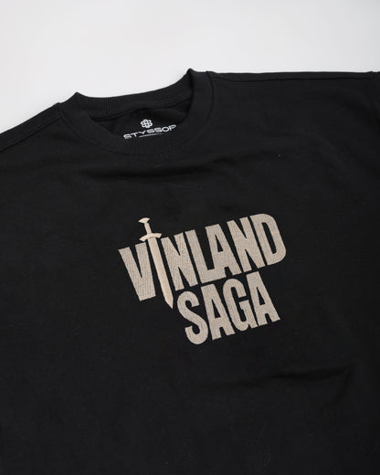 Black t-shirt with 'Vinland Saga' logo on a white background