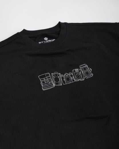 Vintage Camera Embroidery Black Oversized T-Shirt