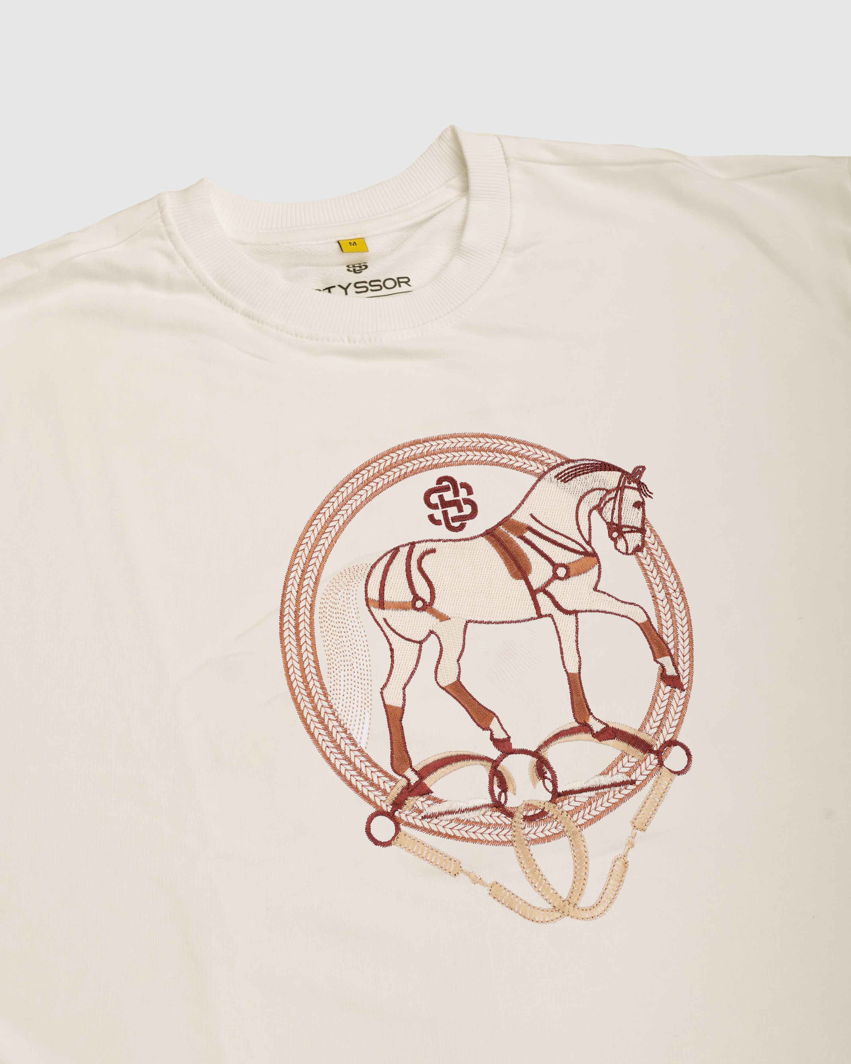Vintage Horse Embroidery Off-White Oversized T-Shirt