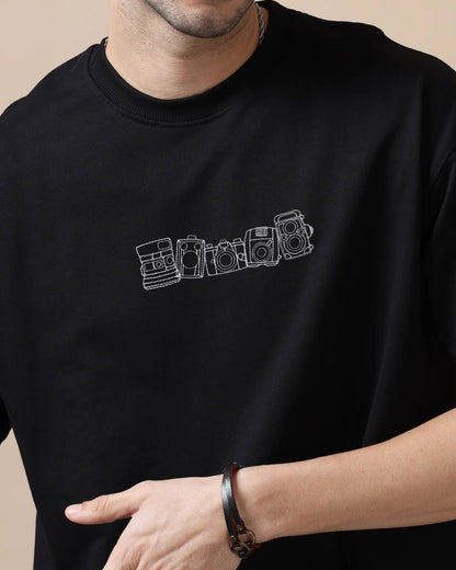 Vintage Camera Embroidery Black Oversized T-Shirt2