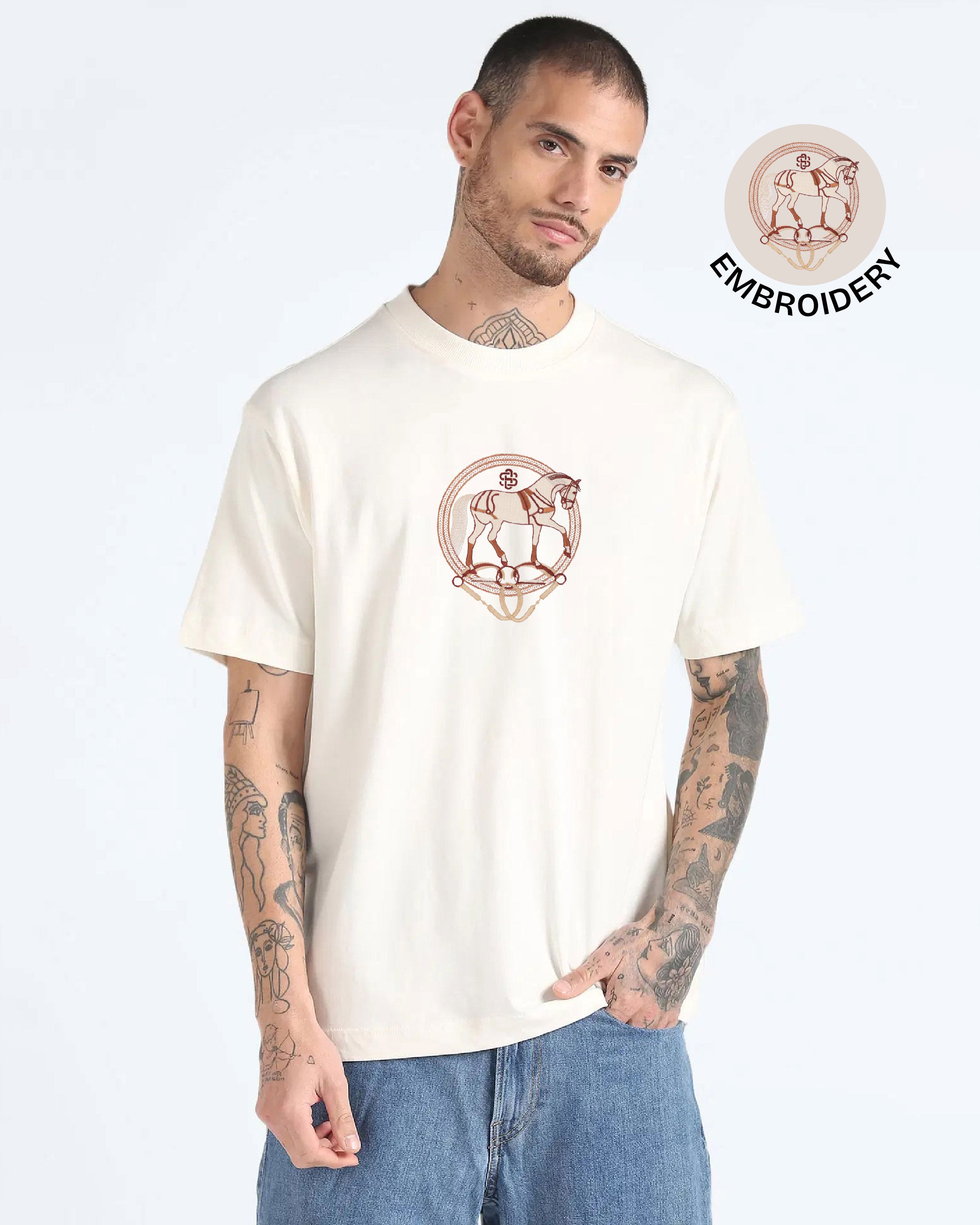 Vintage Horse Embroidery Off-White Oversized T-Shirt