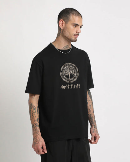 Warli Embroidery Black Oversized T-Shirt