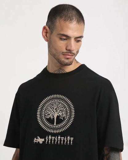 Warli Embroidery Black Oversized T-Shirt