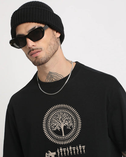 Warli Embroidery Black Oversized T-Shirt
