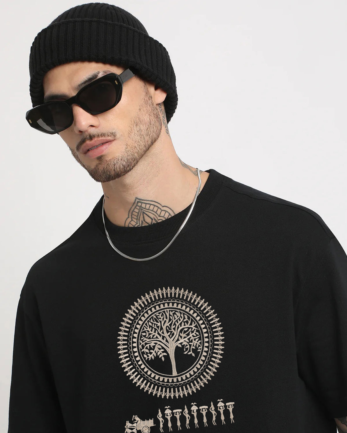 Warli Embroidery Black Oversized T-Shirt