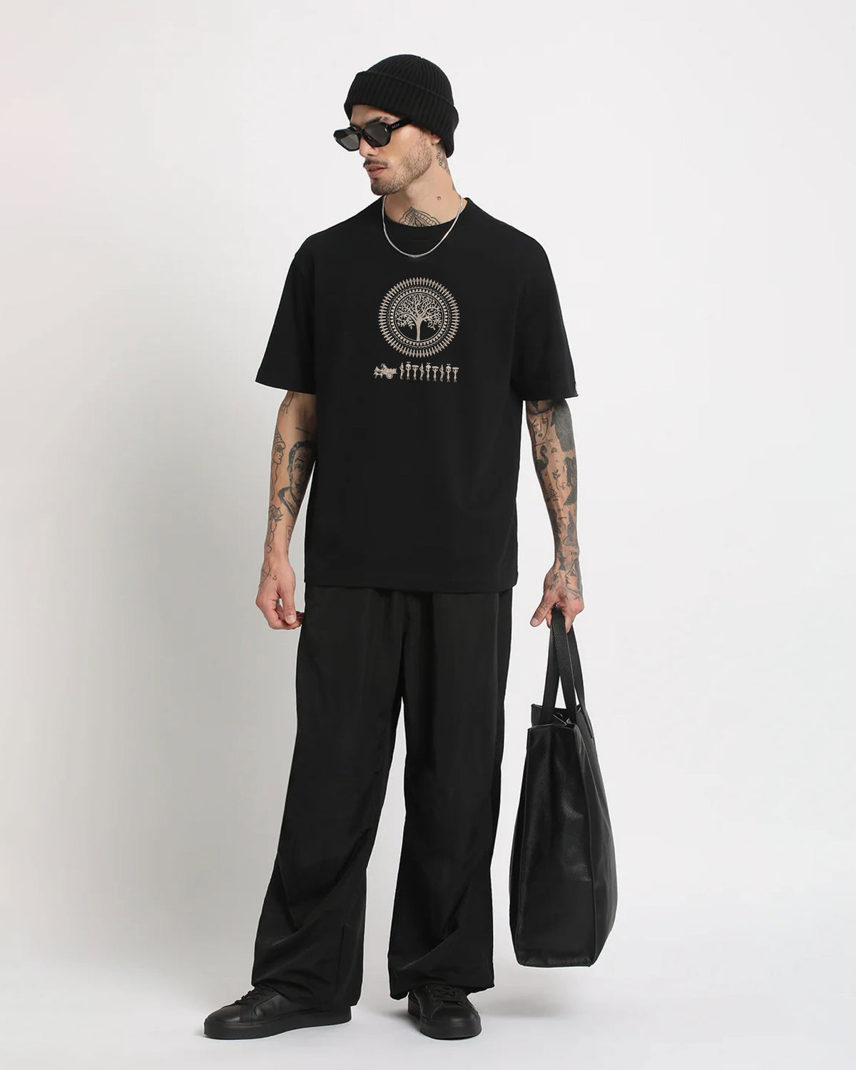 Warli Embroidery Black Oversized T-Shirt