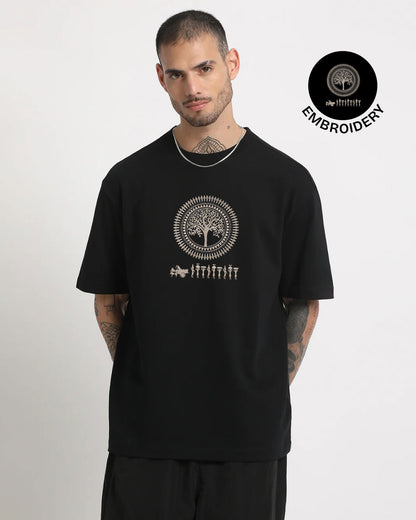 Warli Embroidery Black Oversized T-Shirt