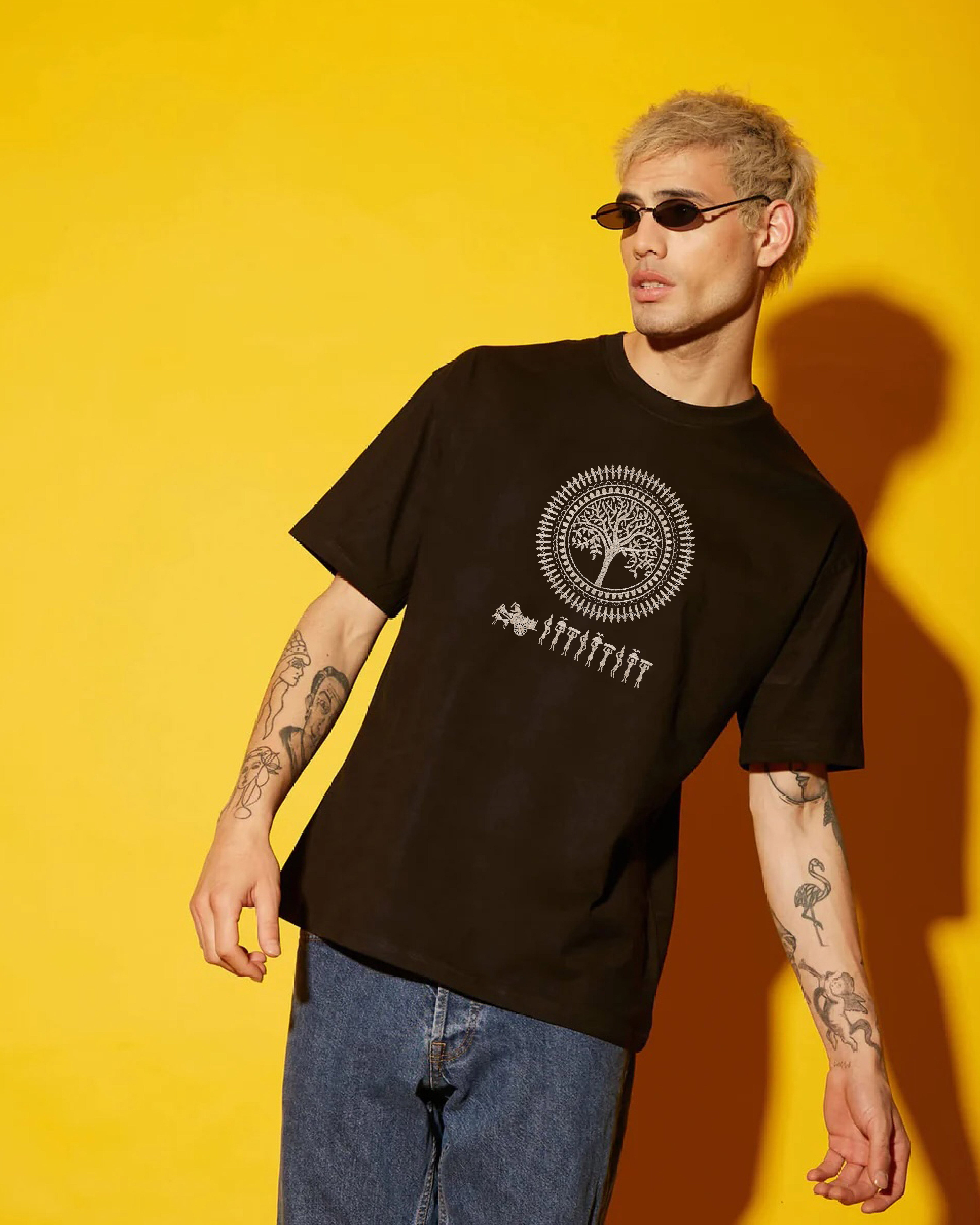 Shop Warli Embroidery Black Oversized T-Shirt