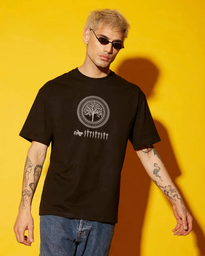 Warli Embroidery Black Oversized T-Shirt Order Now!
