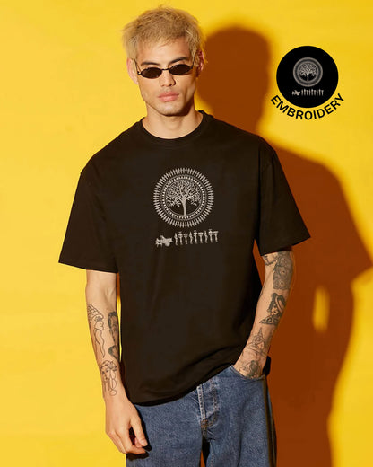 Warli Embroidery Black Oversized T-Shirt