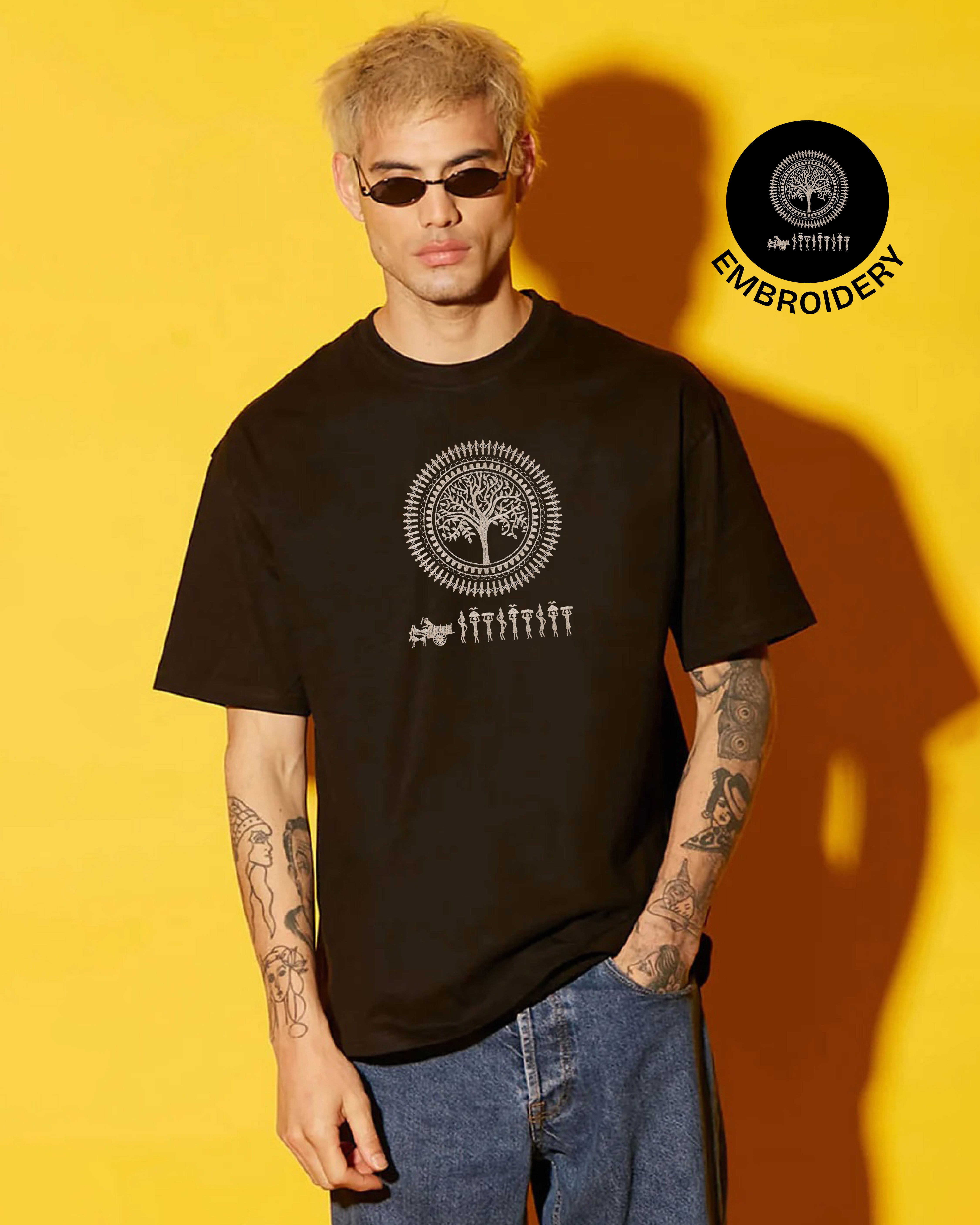 Warli Embroidery Black Oversized T-Shirt