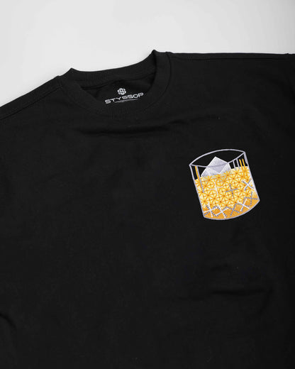 Whiskey Rocks Embroidery Black Oversized T-Shirt