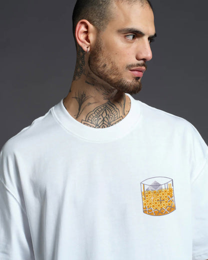 Whiskey Rocks Embroidery White Oversized T-Shirt1