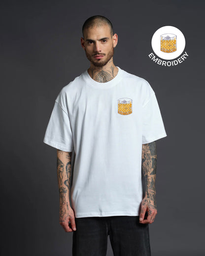 Whiskey Rocks Embroidery White Oversized T-Shirt web