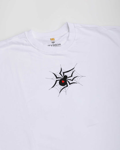 White t-shirt with a black spider graphic on a white background