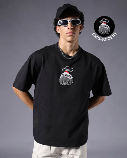 Wild West Cowboy Embroidery Black Oversized T-Shirt web