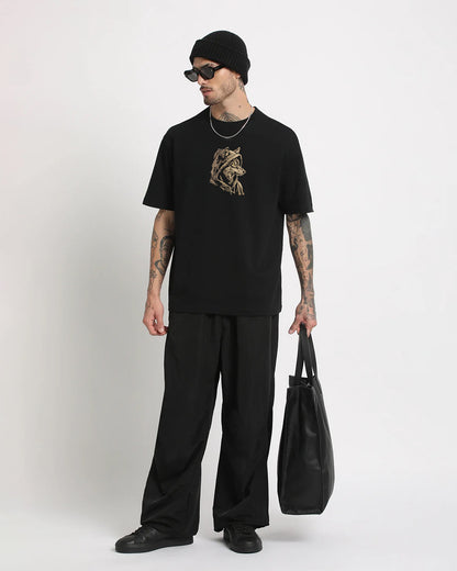 Wolf Embroidered Men Black Oversized T-Shirt