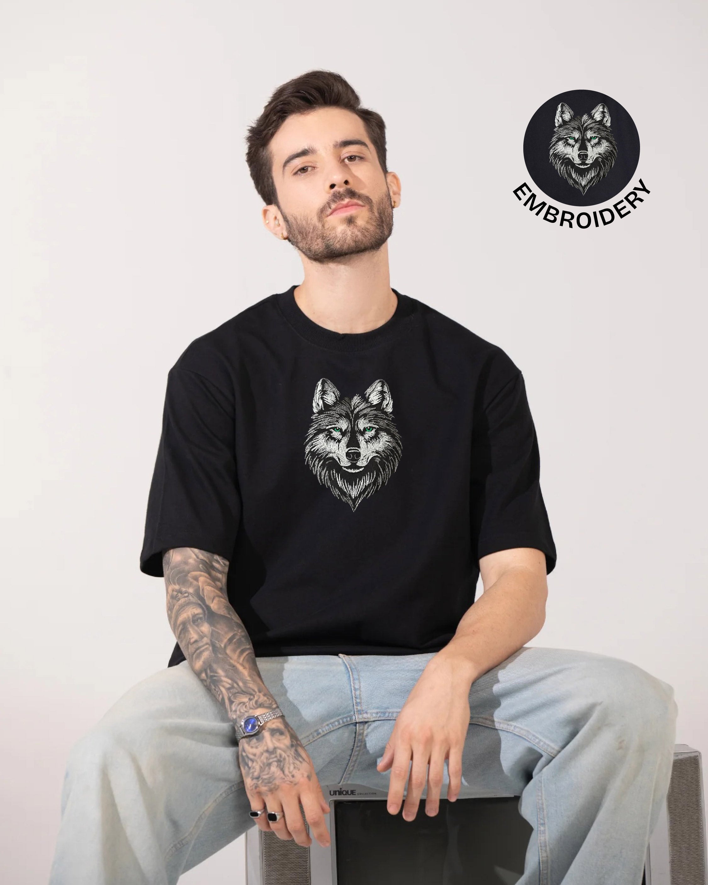 Wolf Face Embroidery Black Oversized T-Shirt