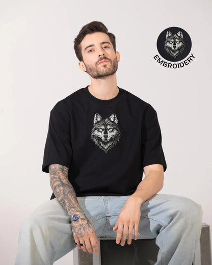 Wolf Face Embroidery Black Oversized T-Shirt