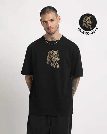 Wolf Embroidered Men Black Oversized T-Shirt