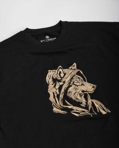Wolf Embroidered Men Black Oversized T-Shirt