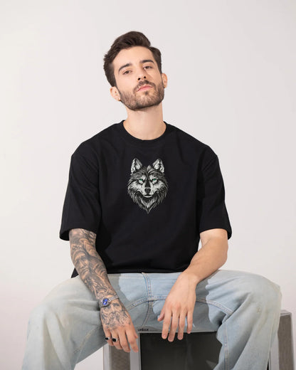 Wolf Face Embroidery Black Oversized T-Shirt
