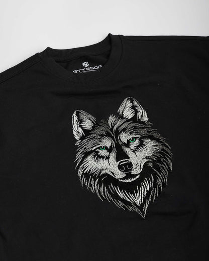 Wolf Face Embroidery Black Oversized T-Shirt