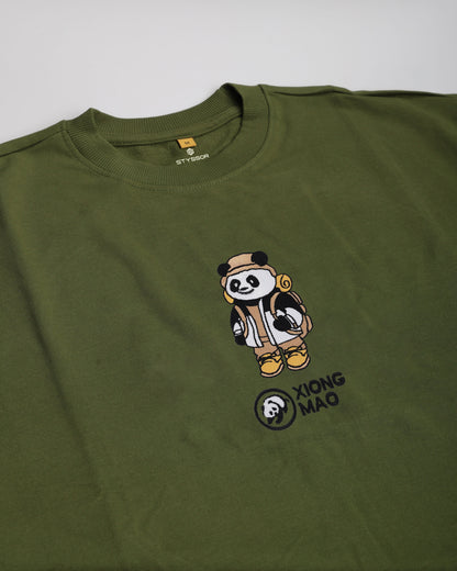 Green t-shirt with a panda design and 'Xiong Mao' logo on a white background
