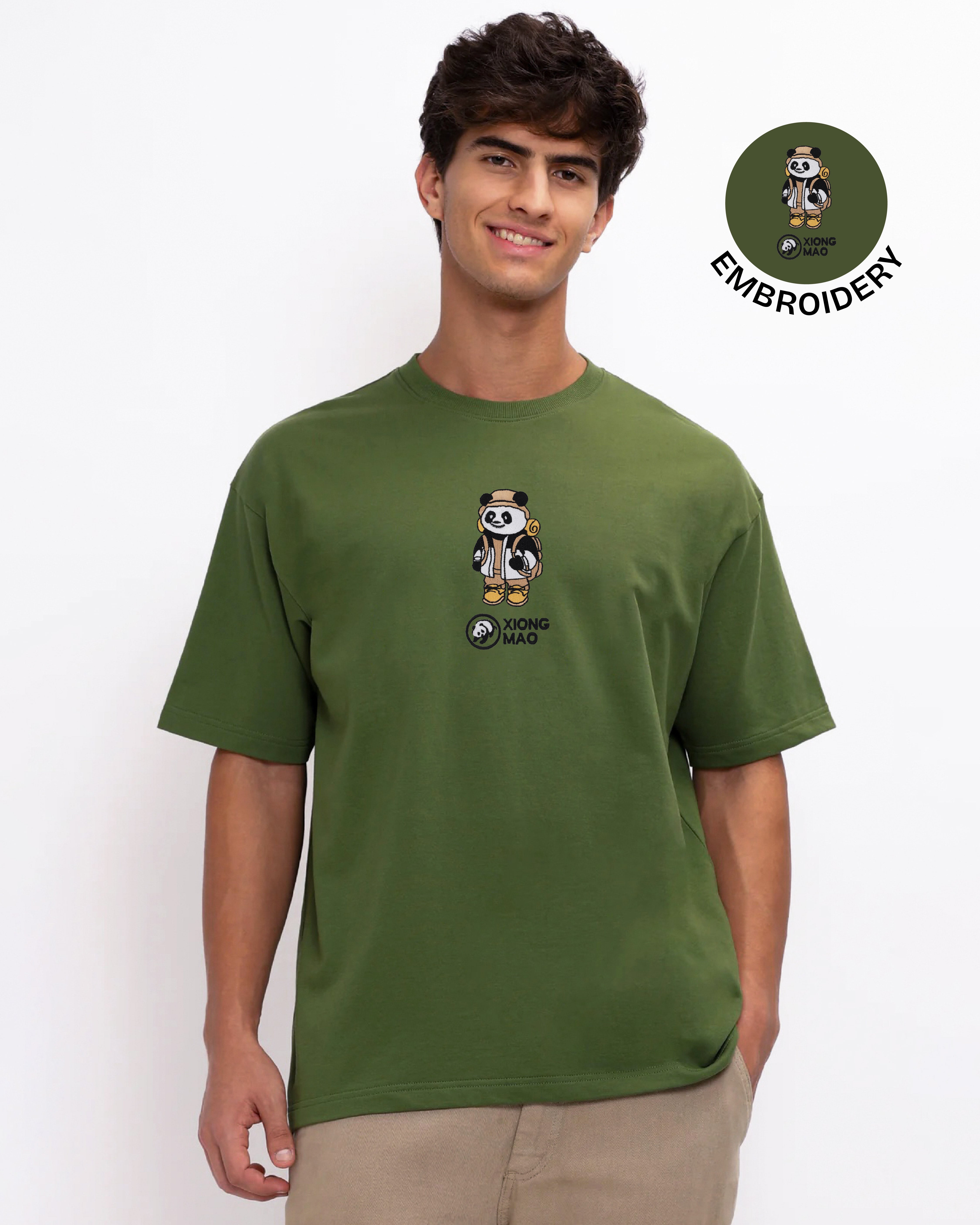 Xiong Mao Embroidery Green Oversized T-Shirt web