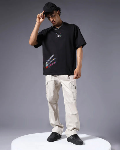 Zoro Katana Embroidery Black Oversized T-Shirt 1