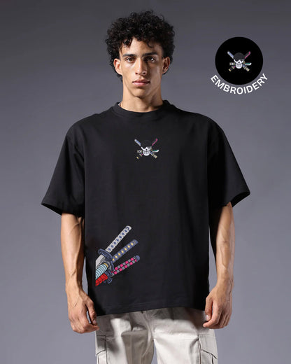 Zoro Katana Embroidery Black Oversized T-Shirt