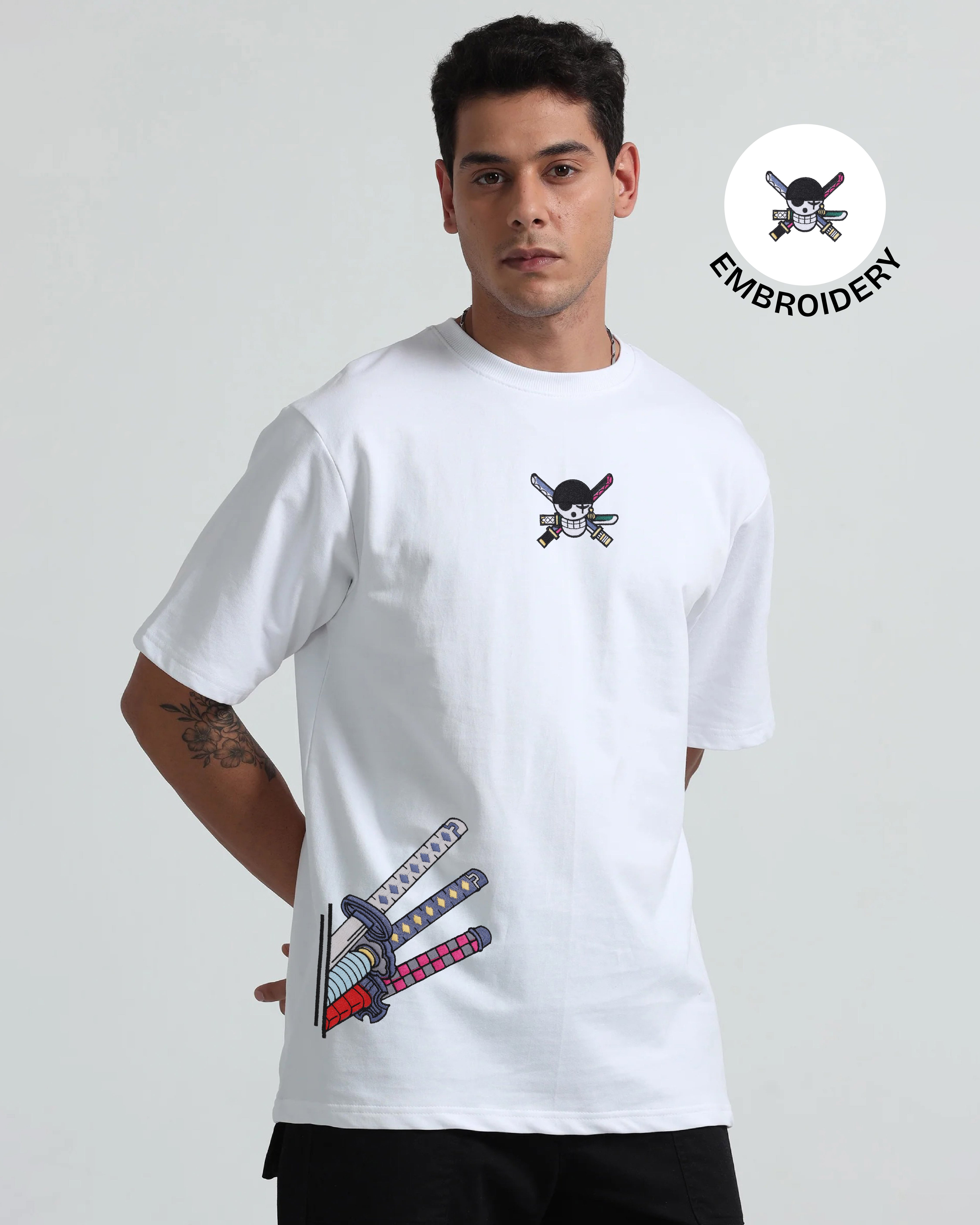 Zoro Katana Embroidery White Oversized T-Shirt